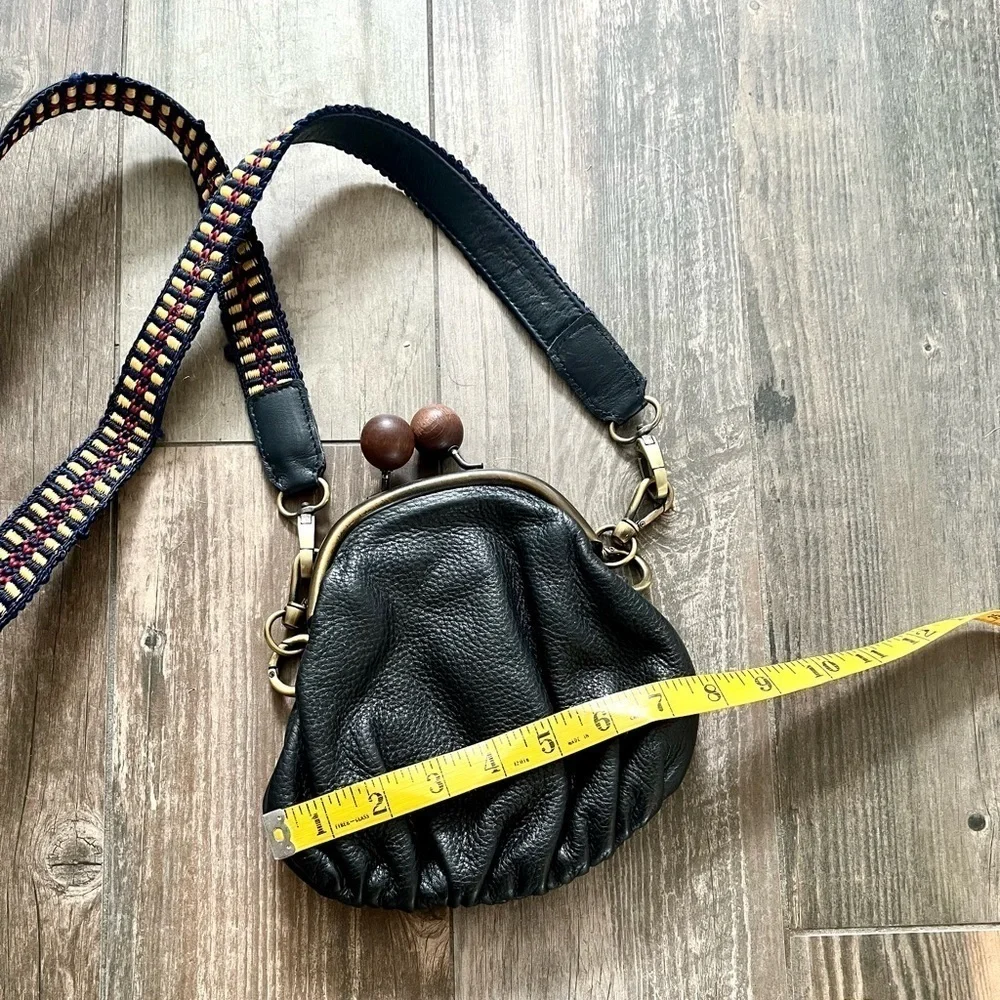 Erva Black Pebbled Leather Purse Navy Texture Strap Wooden Kiss Lock $420